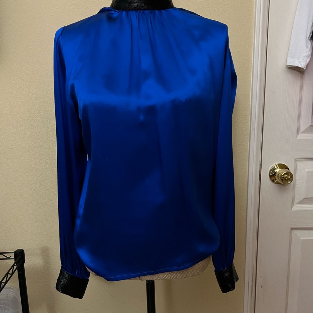 Pure silk Blue Blouse with beaded collar and cuffs